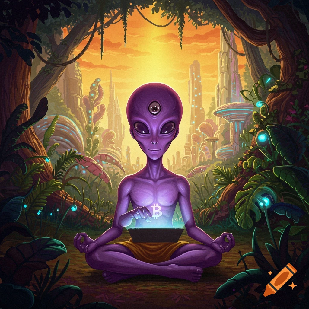 A purple alien meditates in a forest holding a tablet with a glowing Bitcoin symbol. A solar punk city is in the background.