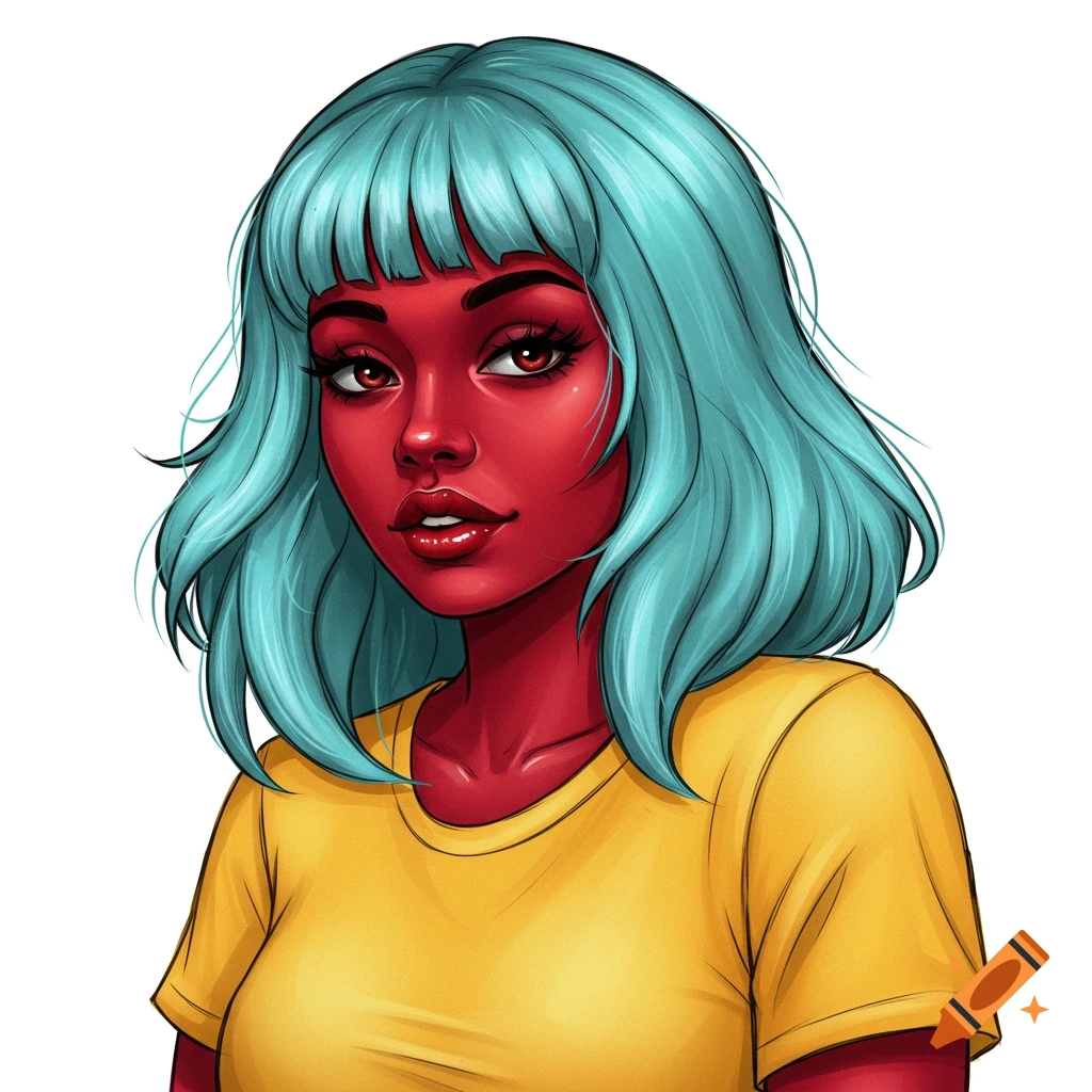 Stylized portrait of a woman with red skin, blue hair, and a yellow shirt