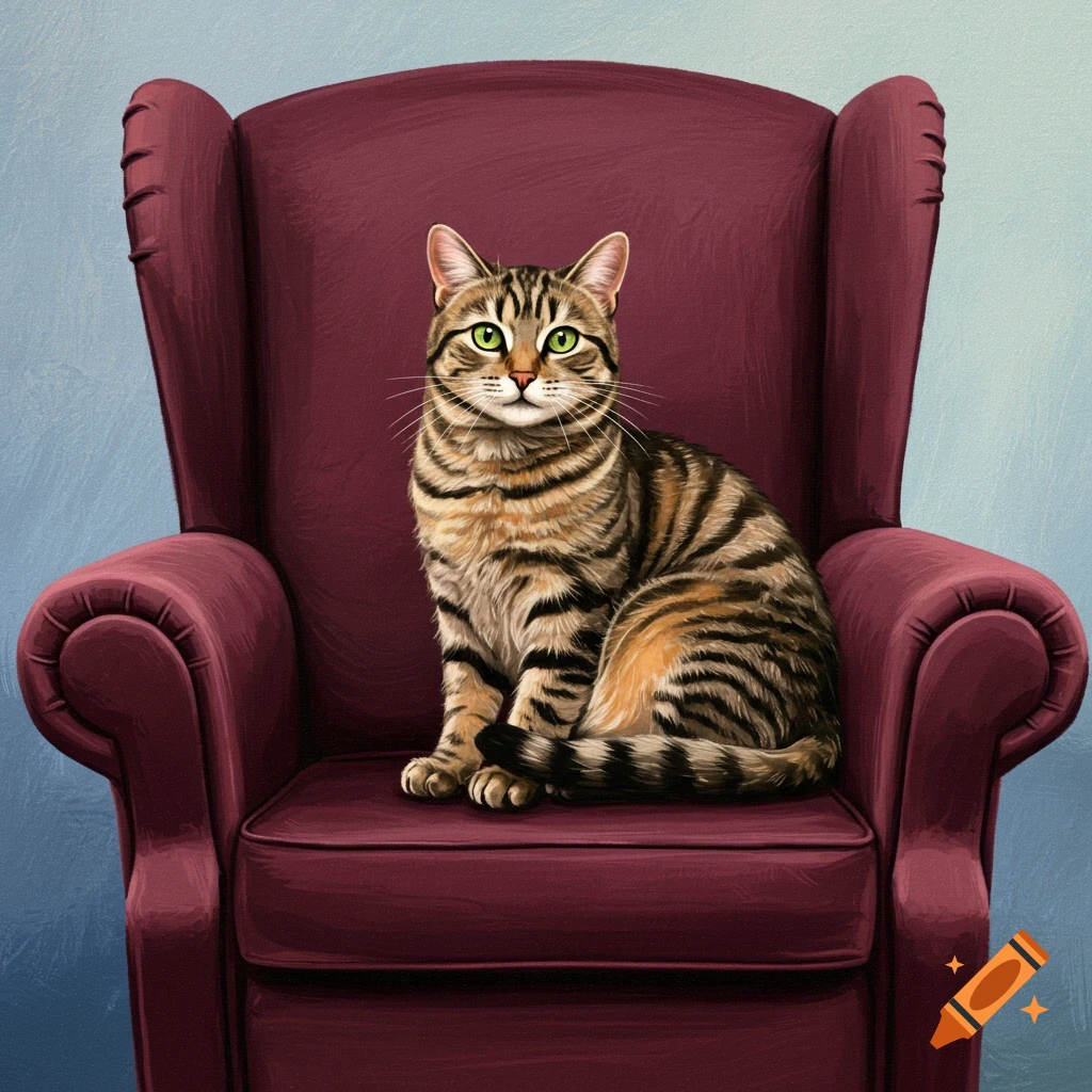 A tabby cat sits in a red wingback chair.