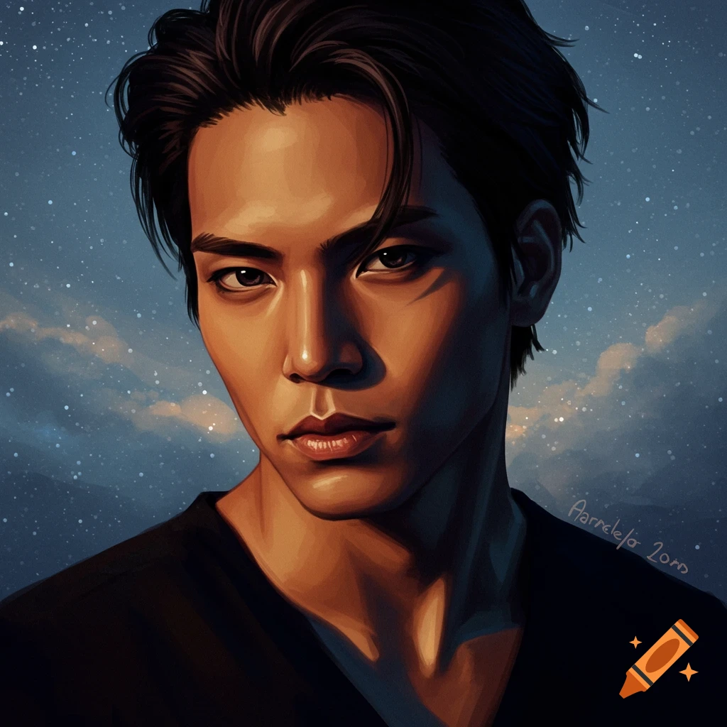 A portrait of a person with dark hair and tan skin against a starry sky.