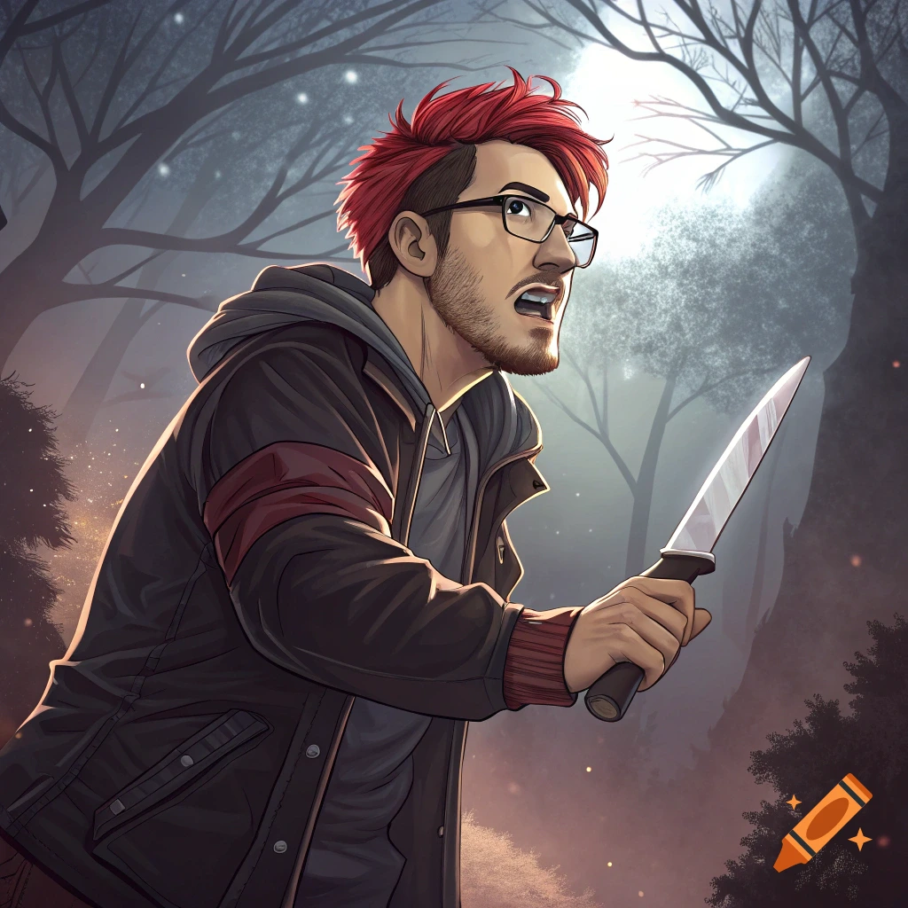 Illustration of a man resembling Markiplier with red hair and glasses holding a knife in a dark forest.
