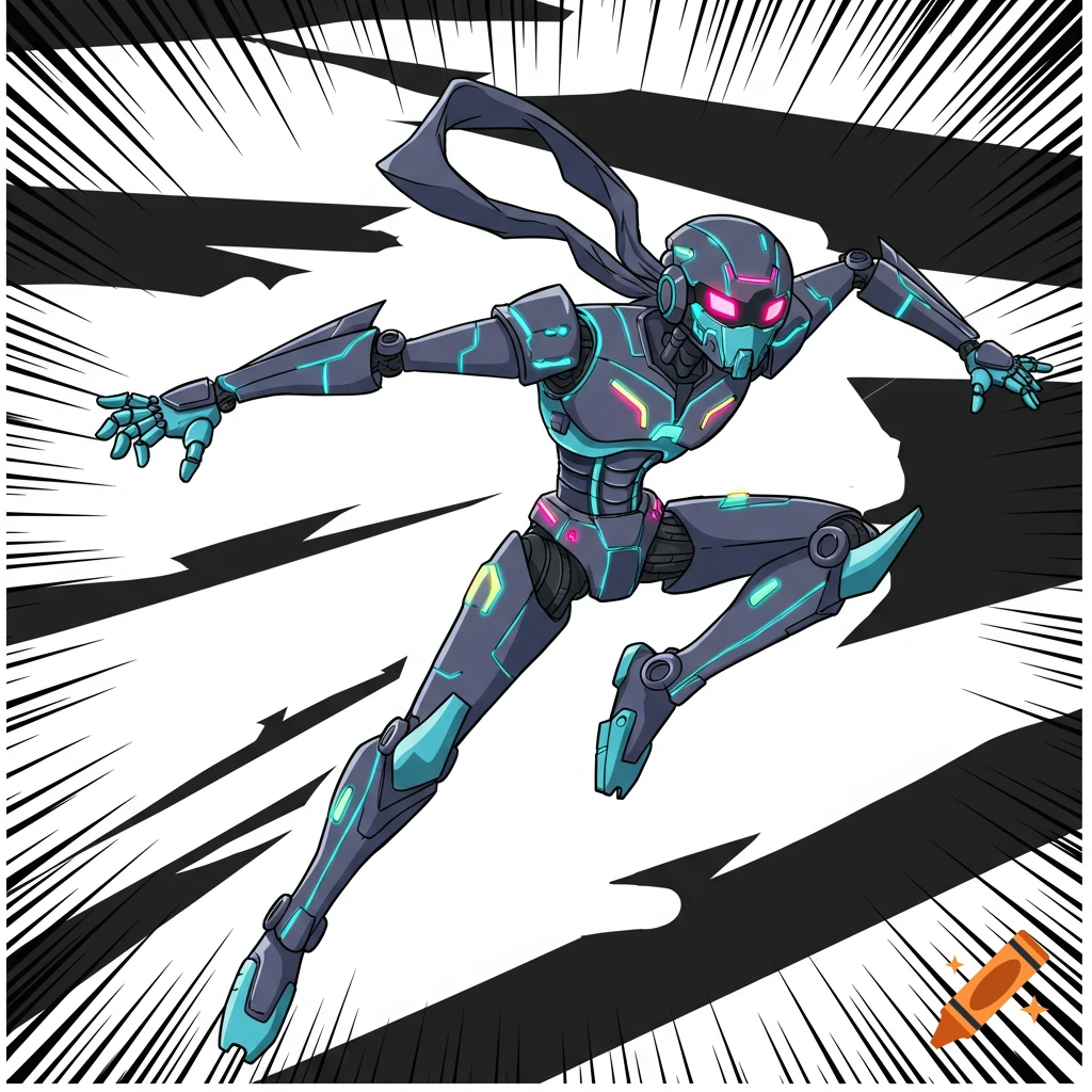 A stylized robotic ninja leaps forward against a dynamic comic-style background.