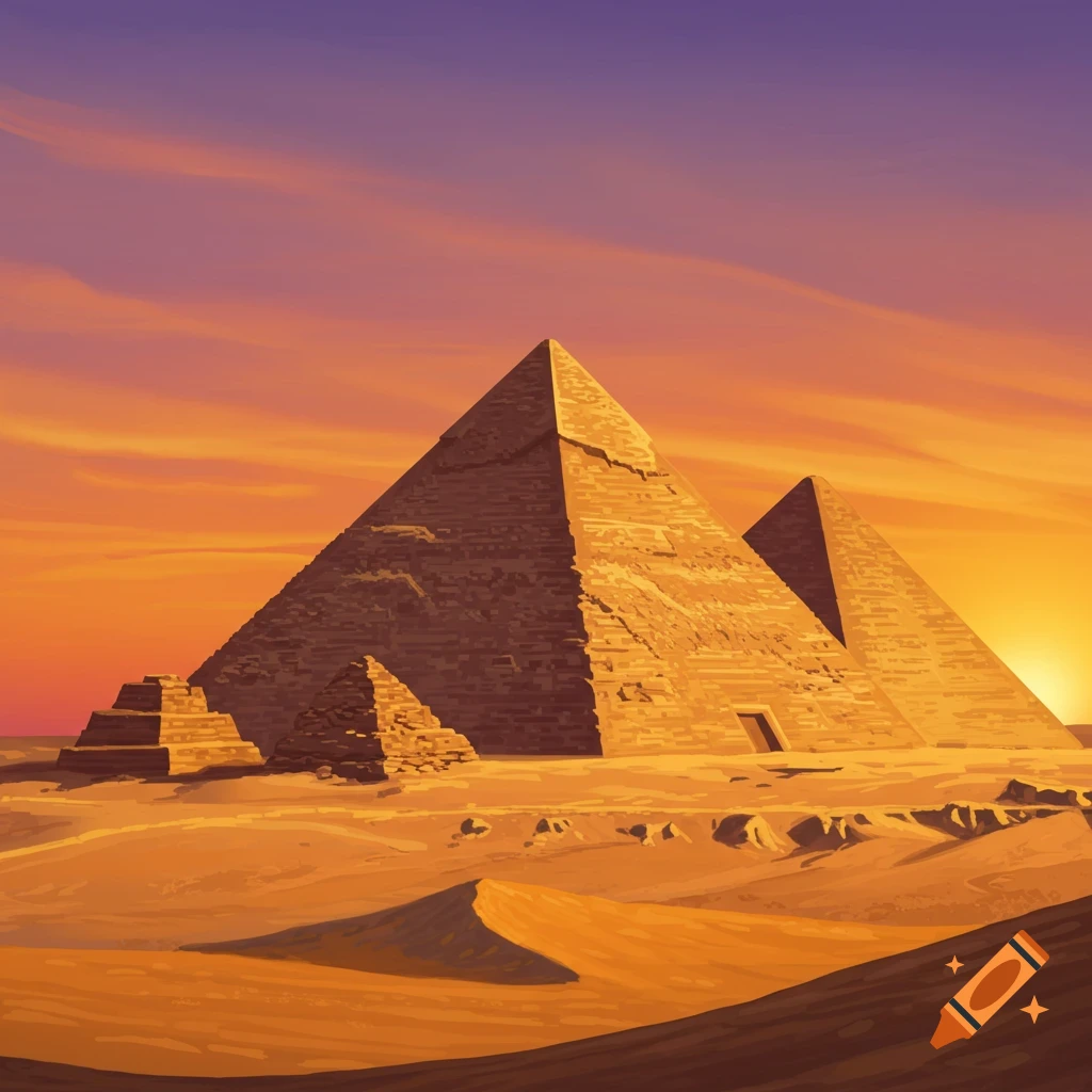 Egyptian pyramids in the desert at sunset.