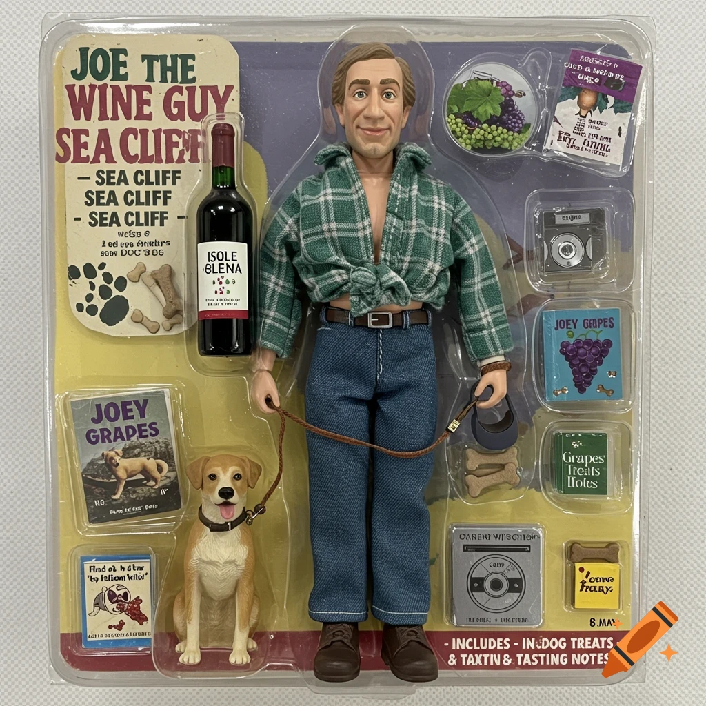 Action figure of Joe the Wine Guy with a dog in toy packaging with accessories.