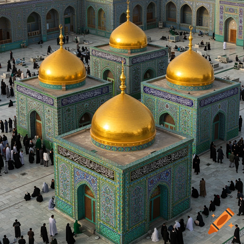 Multiple buildings with golden domes and intricate tilework are surrounded by groups of people in a courtyard.