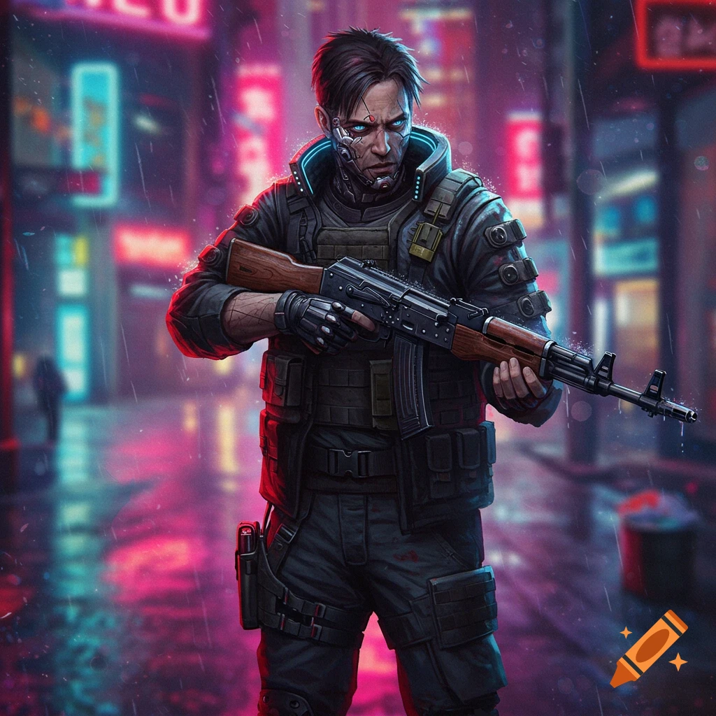 Image of a cyberpunk character holding an AK-47 in a rainy city.