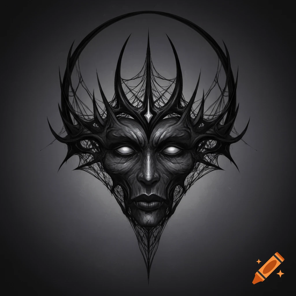 A dark, stylized black mask or face with glowing eyes and spidery, crown-like spikes.