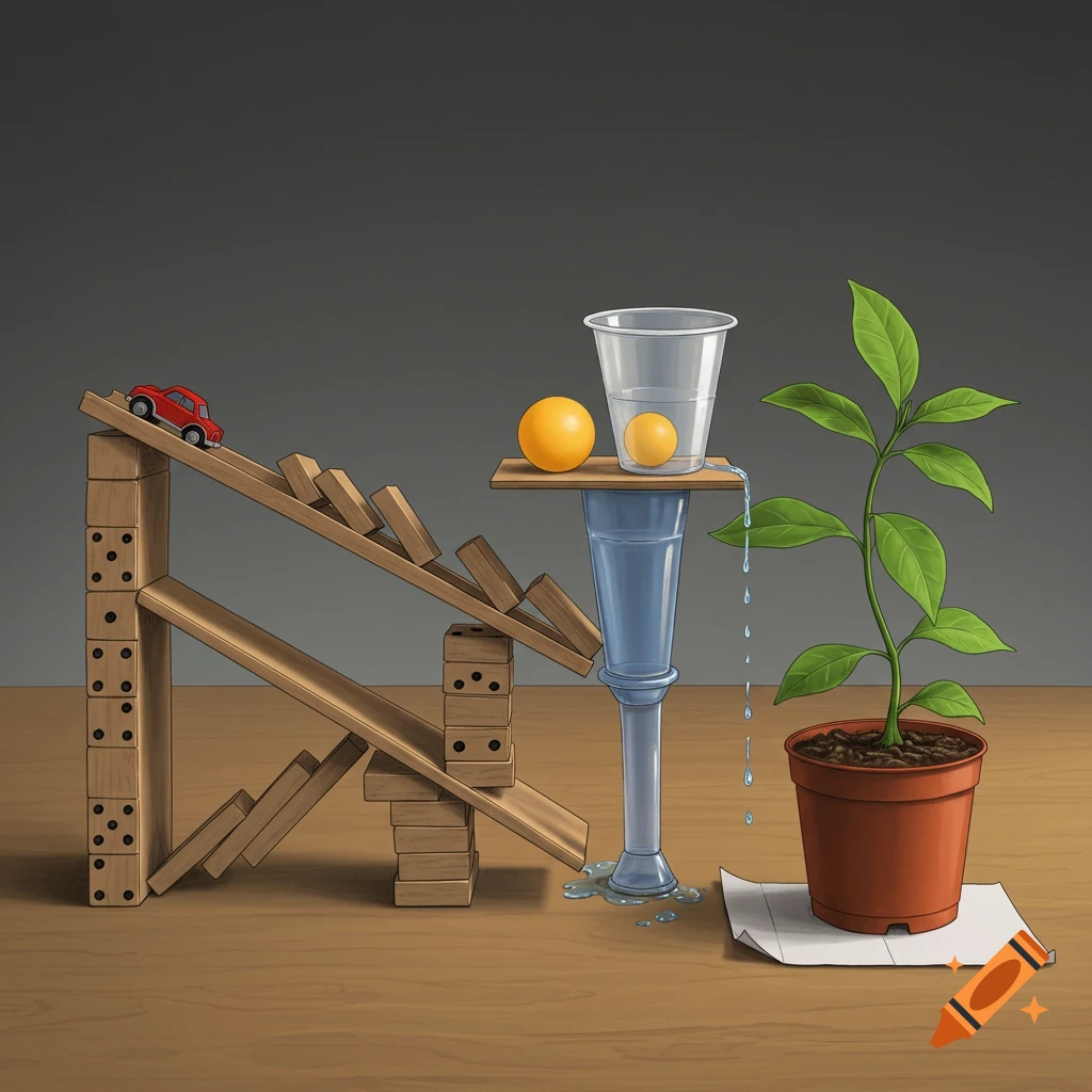 A Rube Goldberg machine setup with a toy car, dominoes, balls, and water dripping into a plant.
