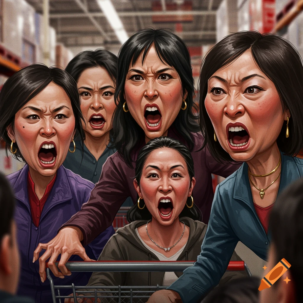 Exaggerated caricature of angry women yelling in a supermarket.