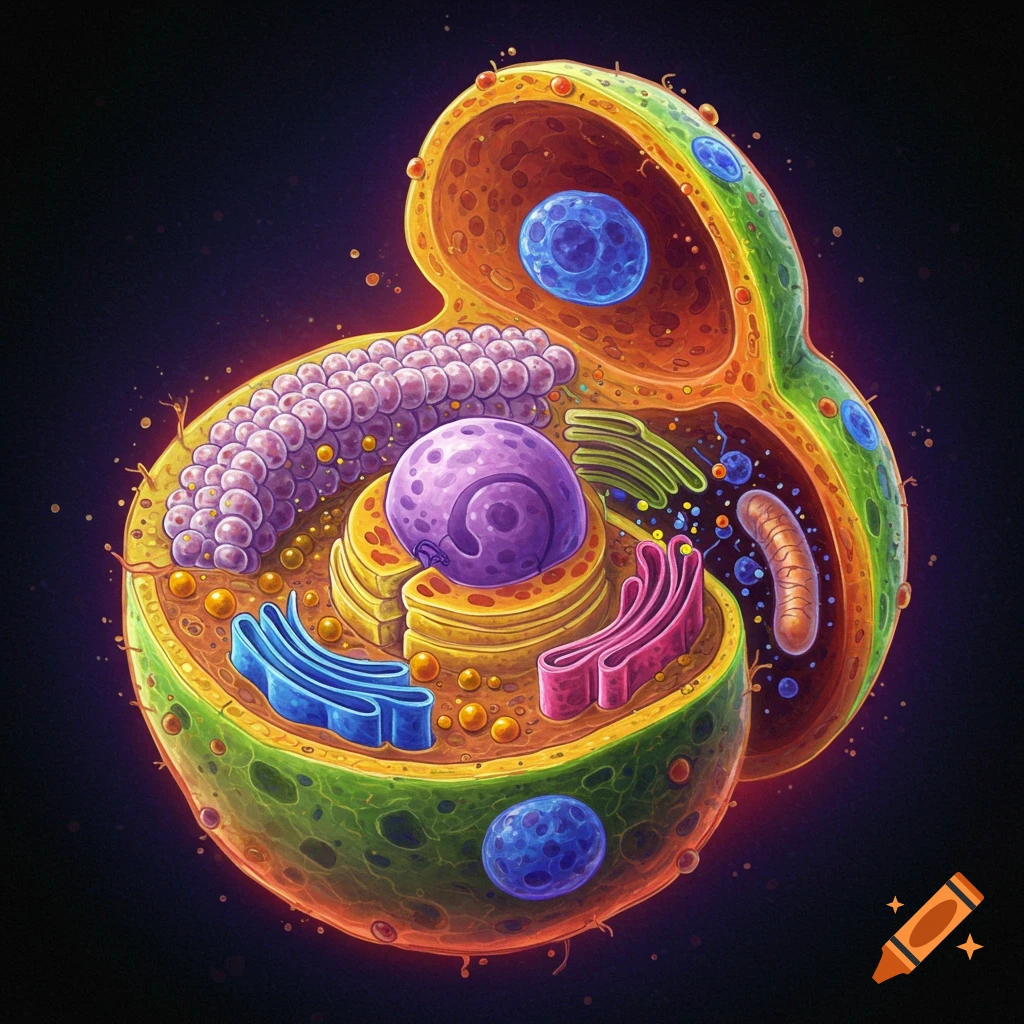 Cross-section of a colorful biological cell, showing various organelles.