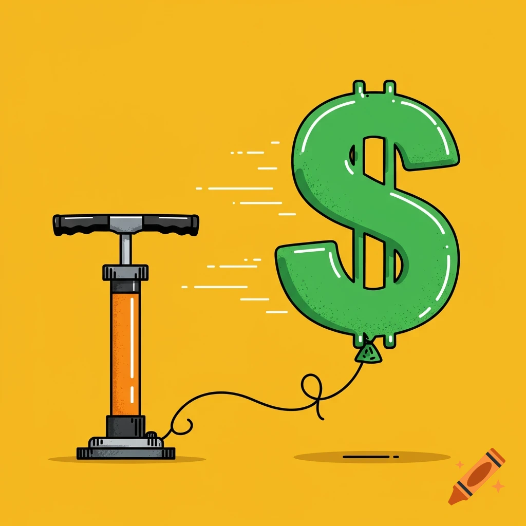 Vector graphic of a bicycle pump inflating a green dollar sign balloon