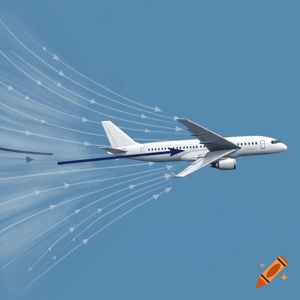 Digital illustration of an airplane flying with arrows showing air resistance and drag force.