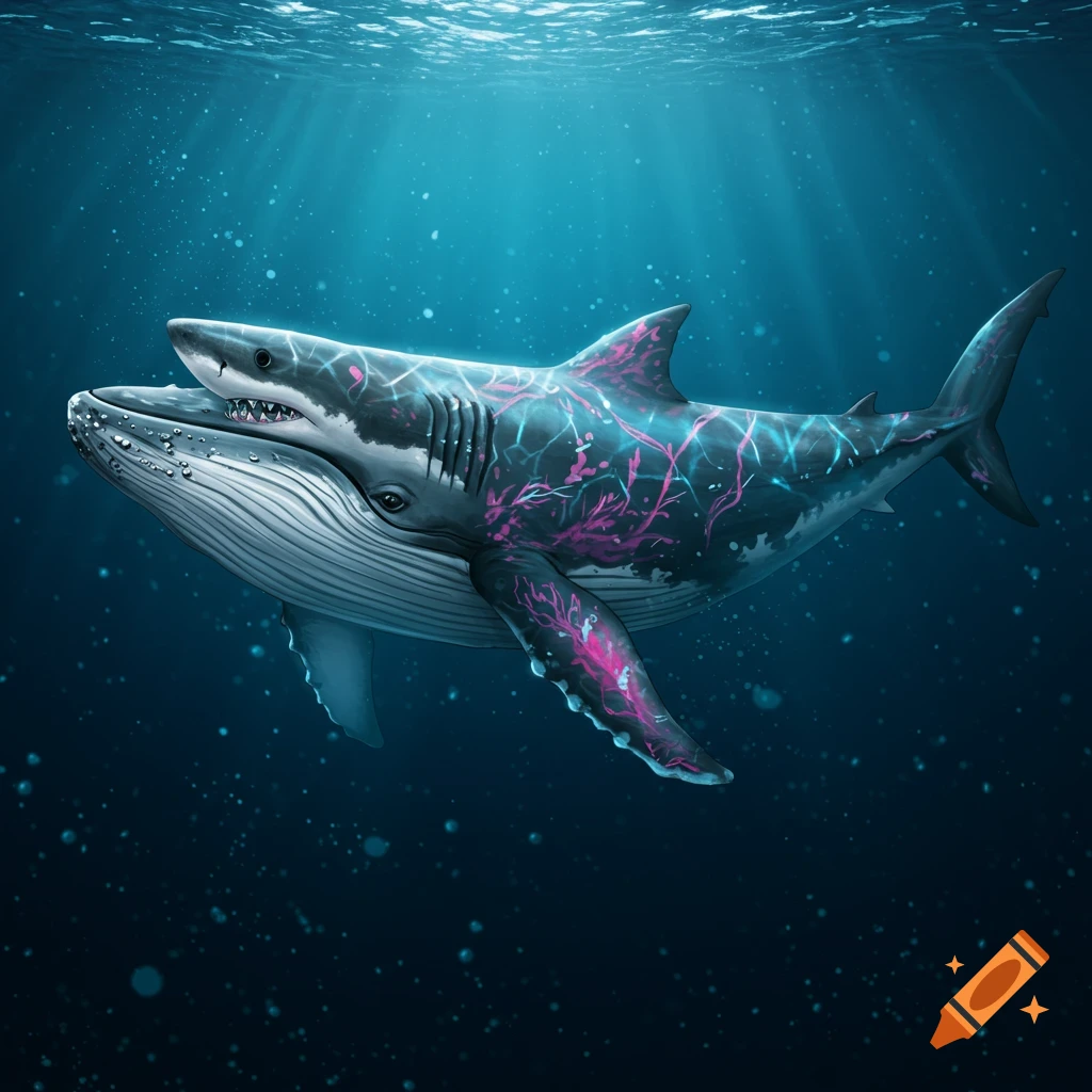 A creature combining a whale and a shark swimming underwater with light rays filtering down.