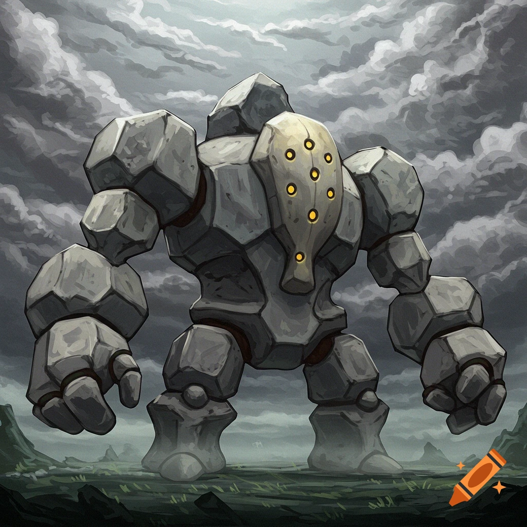 The rocky Pokemon Regirock stands in a field under dark clouds.