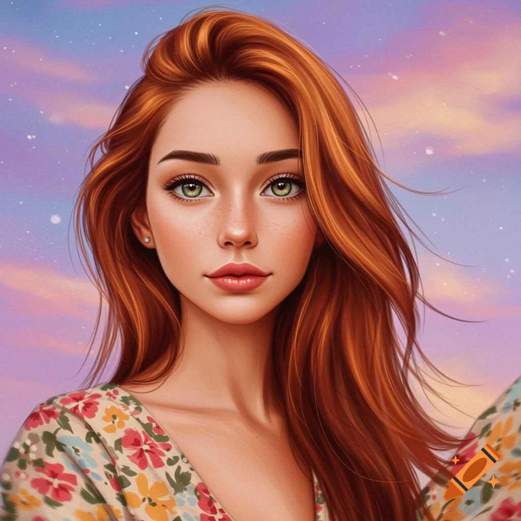 Portrait of a young woman with red hair and green eyes wearing a floral dress against a pastel sky.