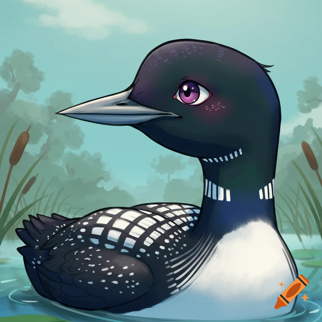 A loon character in a pond.
