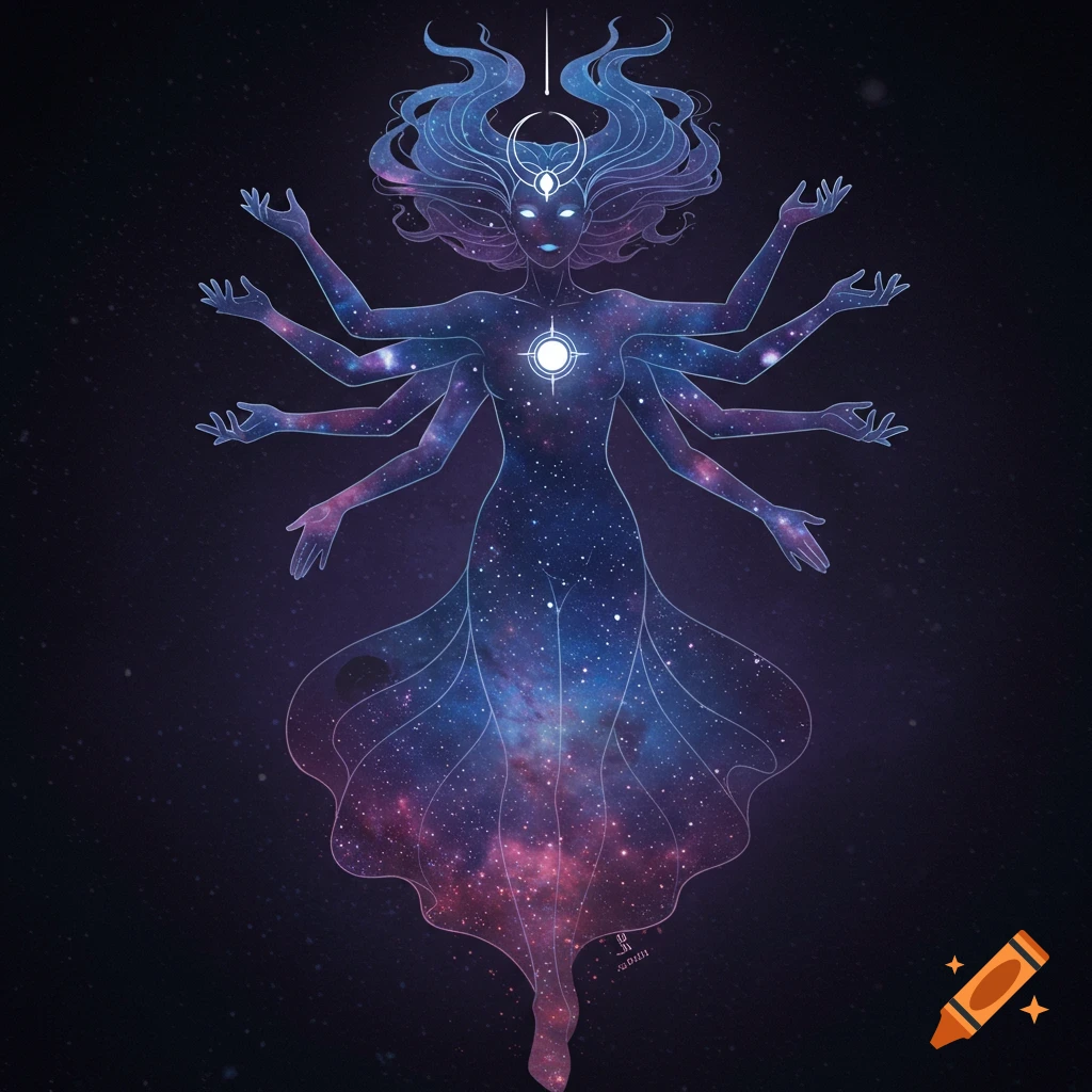 Illustration of a multi-armed celestial being made of galaxy swirling in space.
