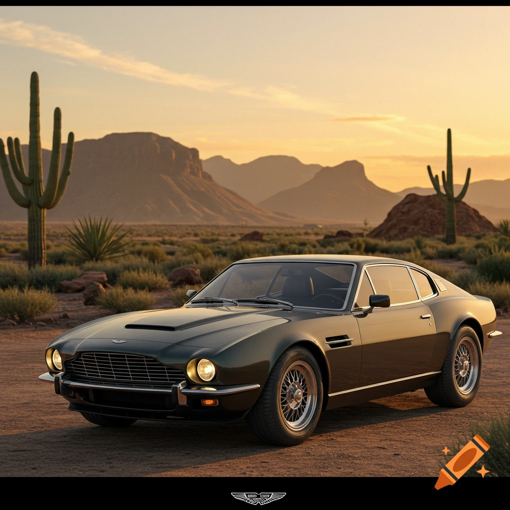 Classic Aston Martin in a desert landscape at sunset.