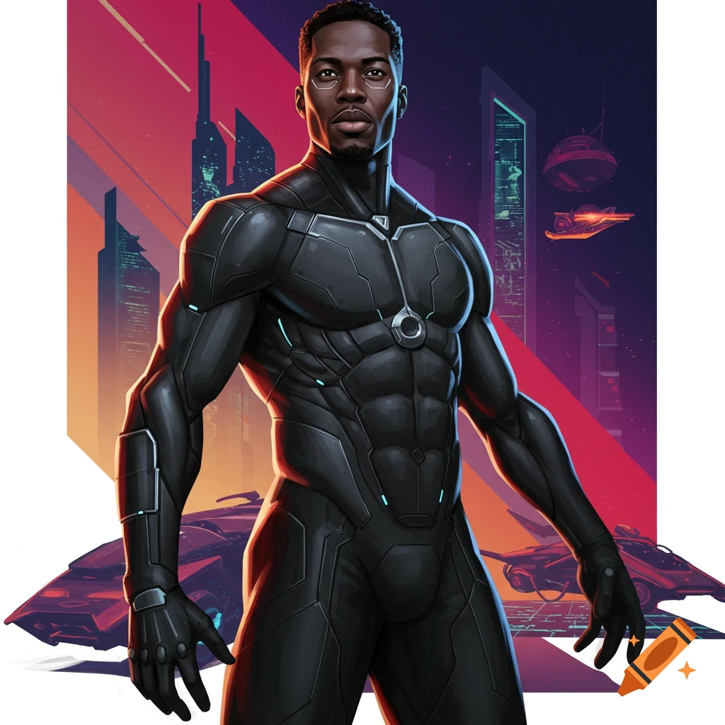 A Black man in a futuristic superhero suit stands in a city.