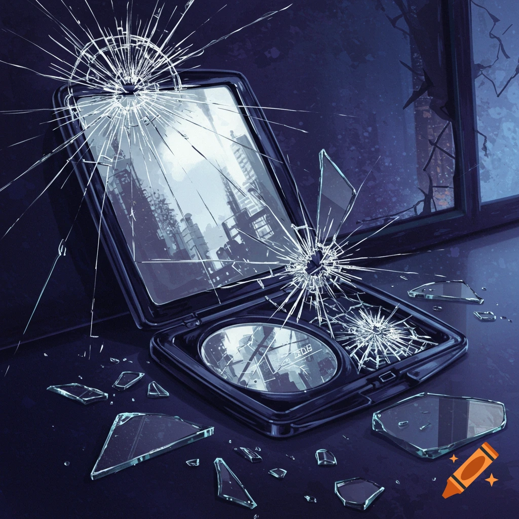 A shattered compact mirror and broken window with glass shards.