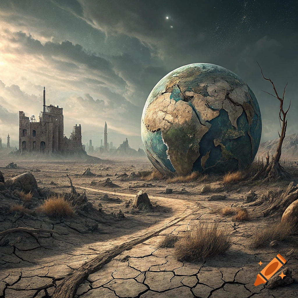 A cracked globe of Earth lies on dry, cracked ground in a desolate post-apocalyptic landscape with ruined buildings under a stormy sky.