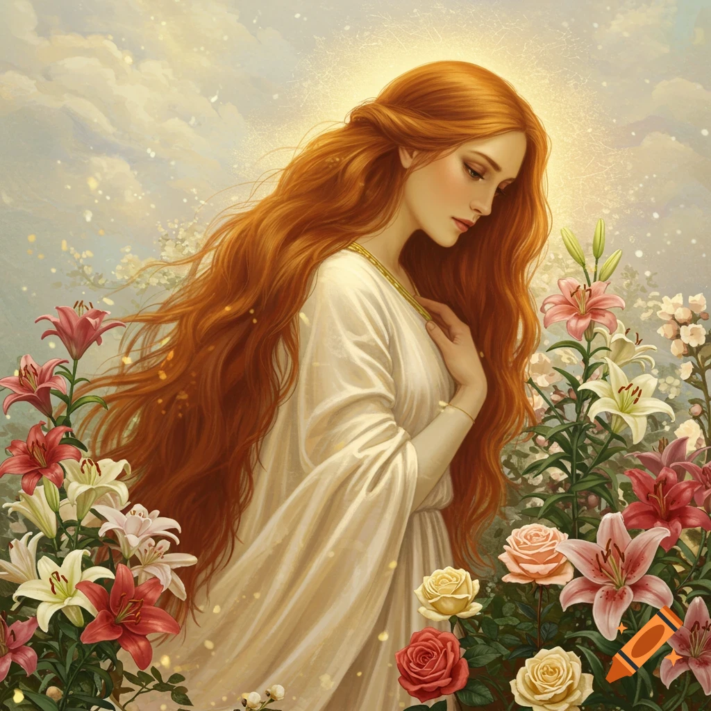 A red-haired woman in a white dress is surrounded by flowers.