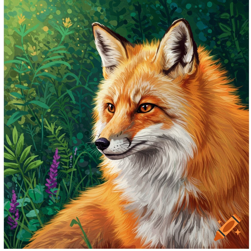 A stylized illustration of a red fox in a forest.