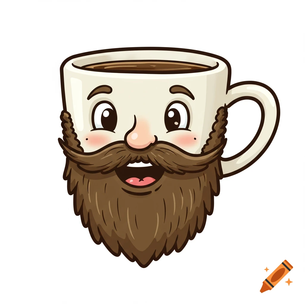 Cartoon coffee cup character with a beard and happy face.