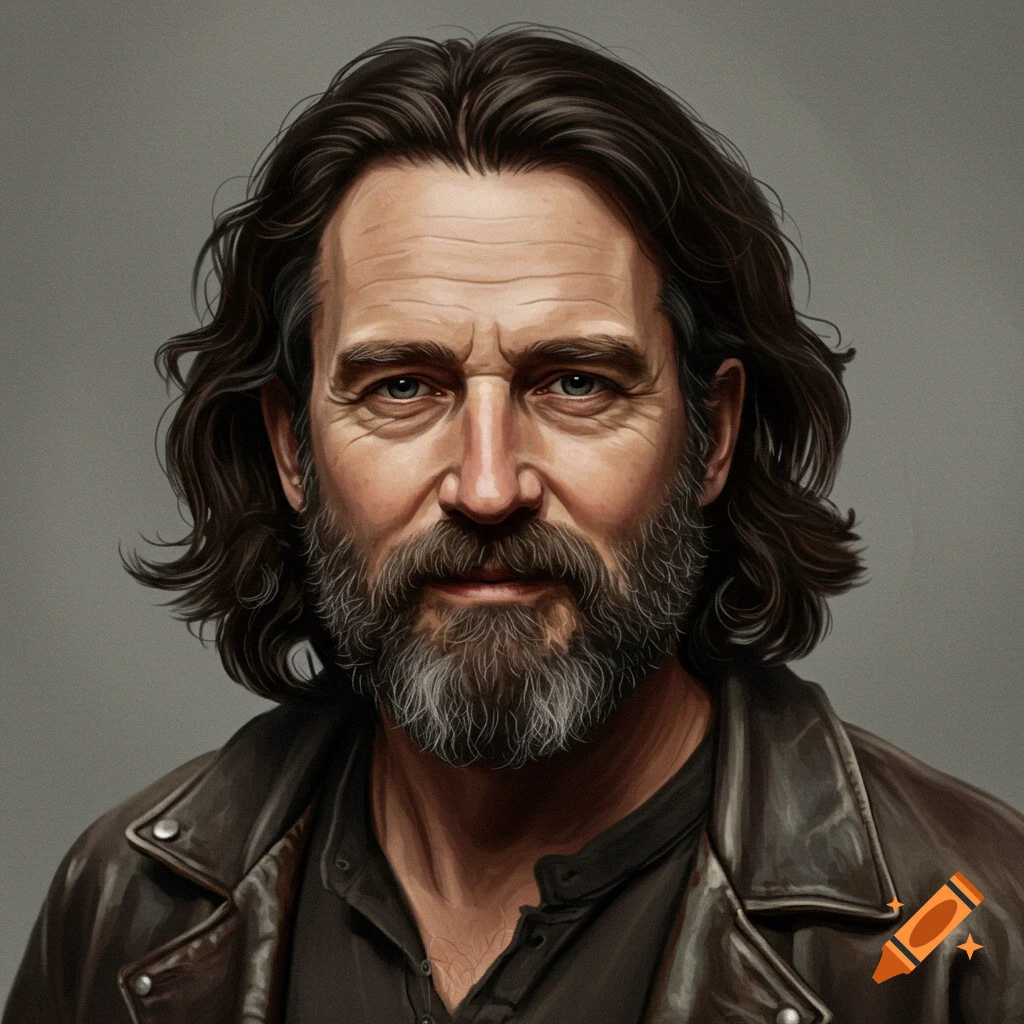 A man with long hair and beard is wearing a leather jacket.