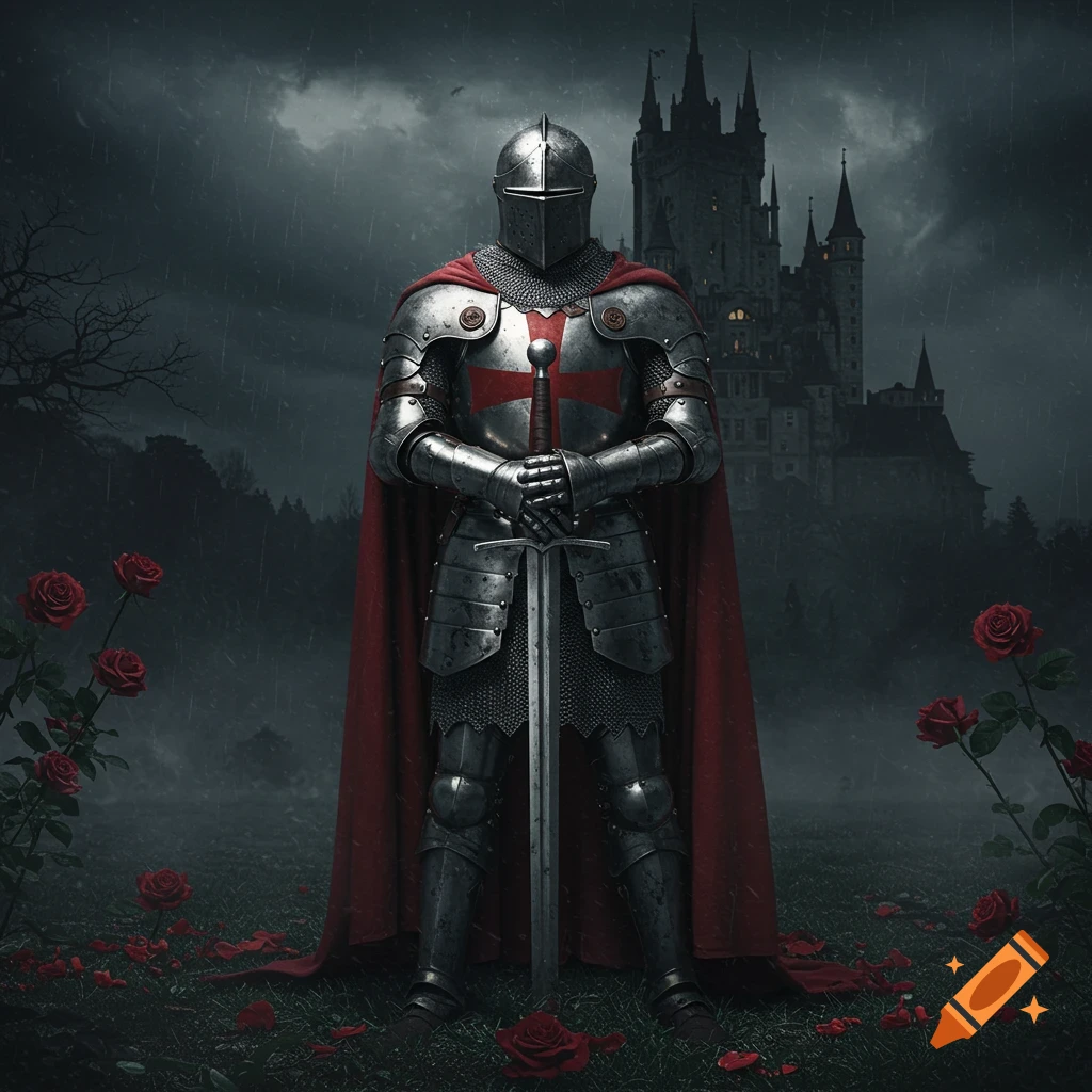 A knight in full armor stands with sword before a dark castle in rain, surrounded by roses.