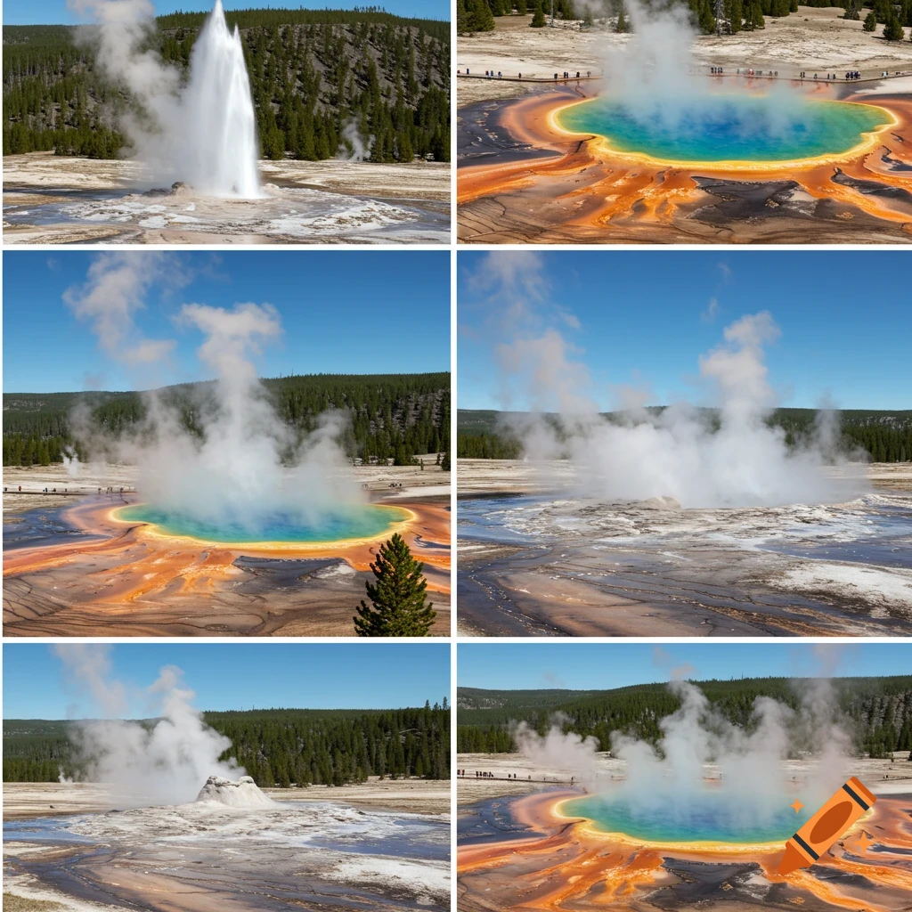 Collage of Yellowstone National Park scenes including Old Faithful geyser and Grand Prismatic Spring.