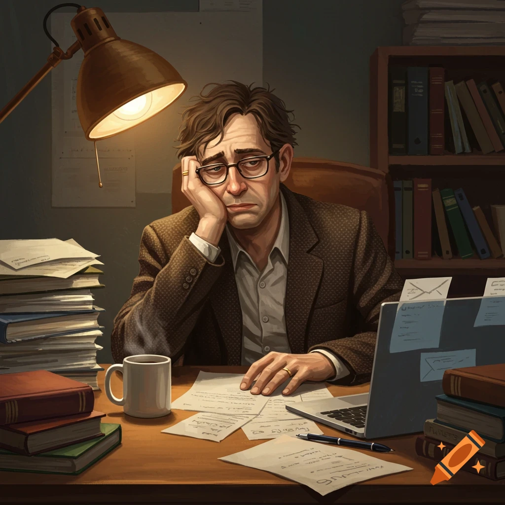 A tired professor sits at a desk piled with books and papers under a desk lamp.