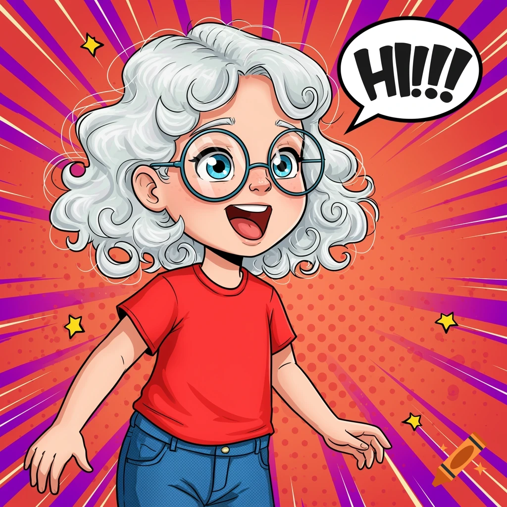 Cartoon girl with curly white hair and glasses in a red shirt and blue jeans, saying HI!!! in a comic speech bubble against a pop art background.