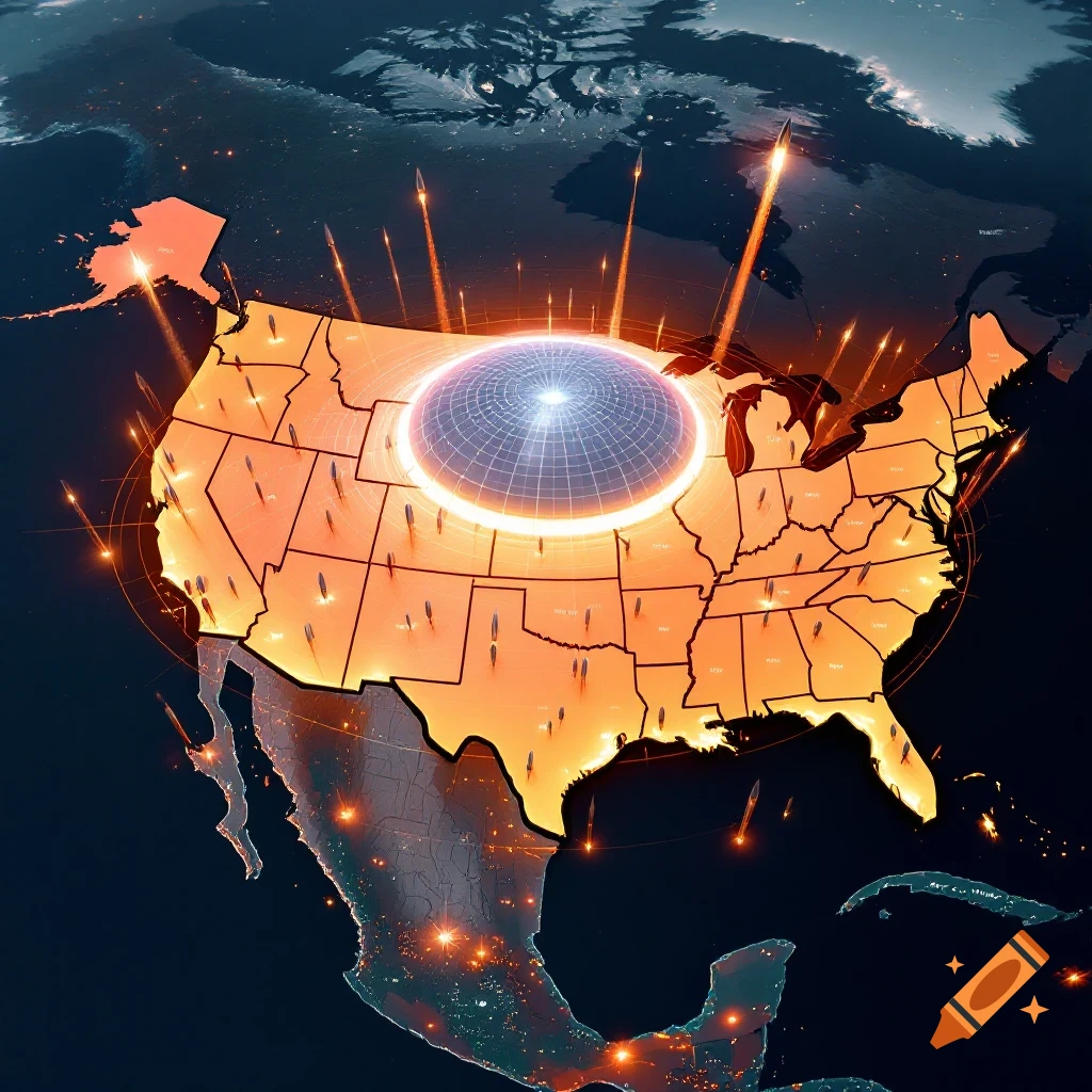 A map of the United States is shown under attack by missiles, defended by a large dome.