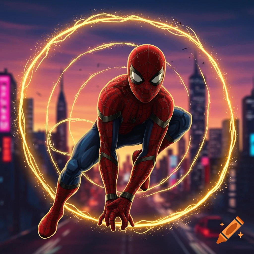 Spiderman crouches in a city street at sunset, surrounded by a golden energy aura.