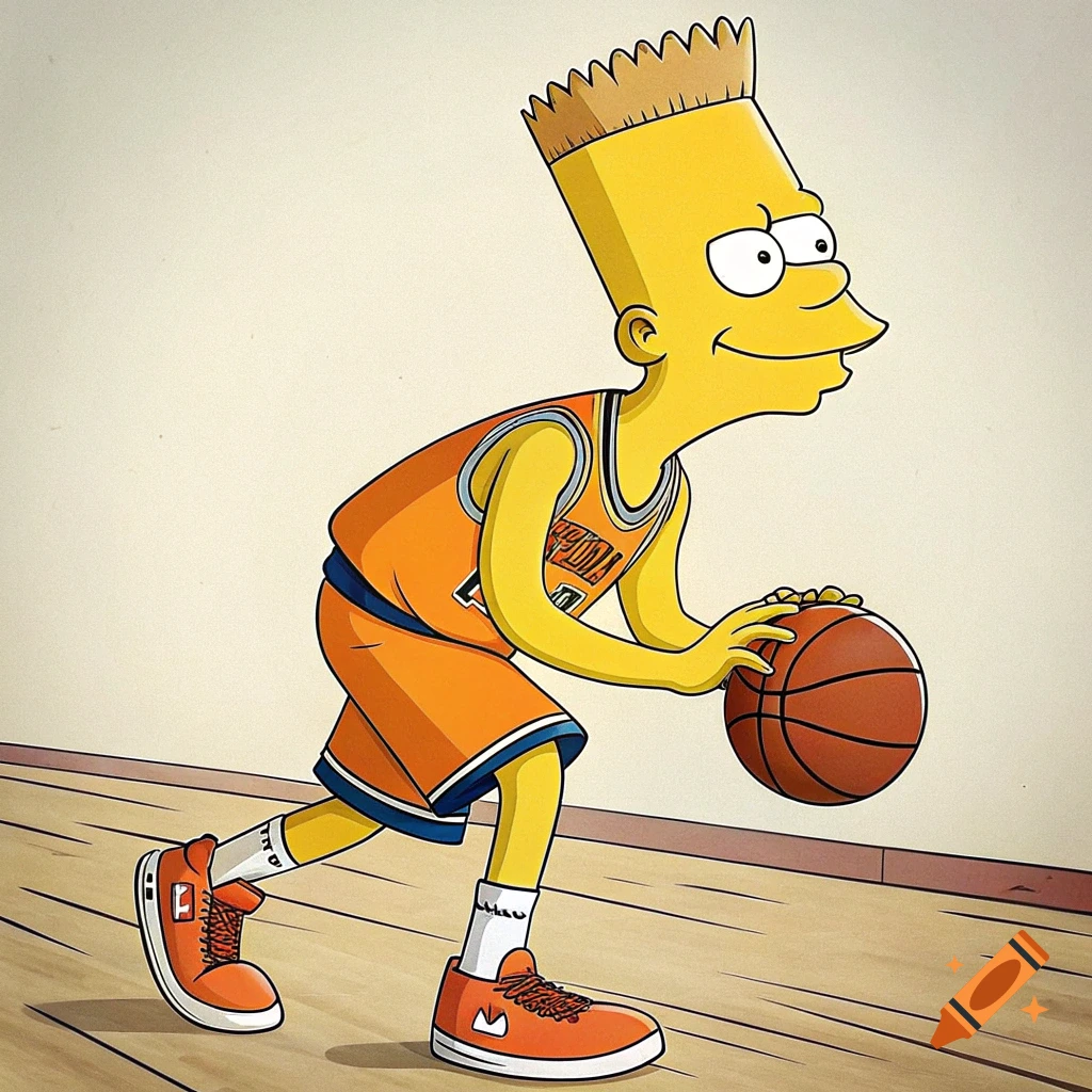 Bart Simpson plays basketball wearing an orange jersey on a wooden court.