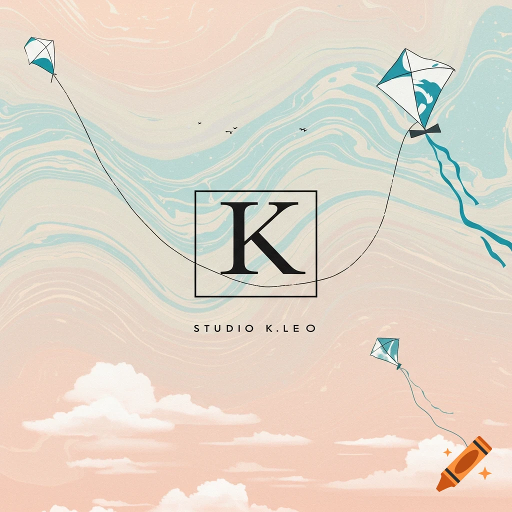 Logo design featuring a large K in a box, text 'STUDIO K.LEO', and stylized kites in a pink and blue suminagashi sky with clouds.