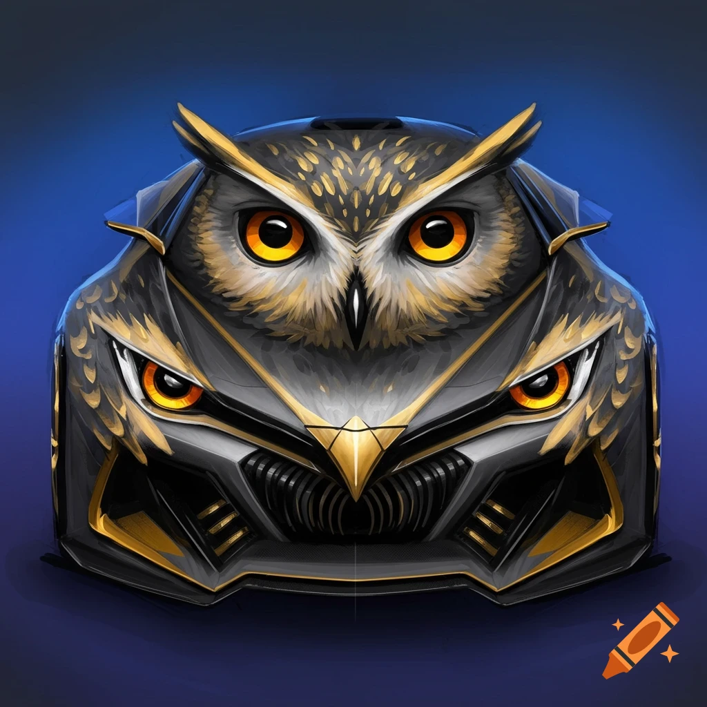 The front of a black and gold car is designed to resemble an owl's face.