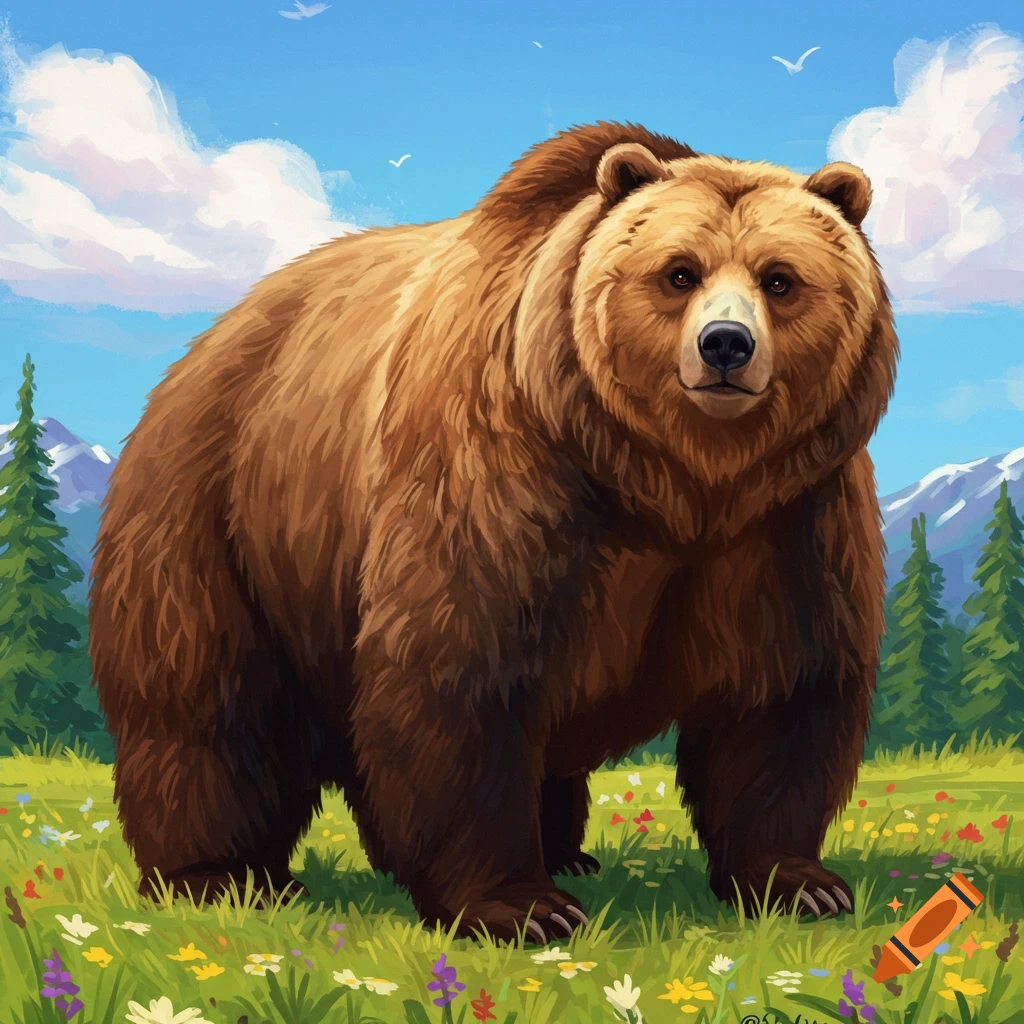 A large brown bear stands in a grassy field with flowers, trees, mountains, and clouds under a blue sky.