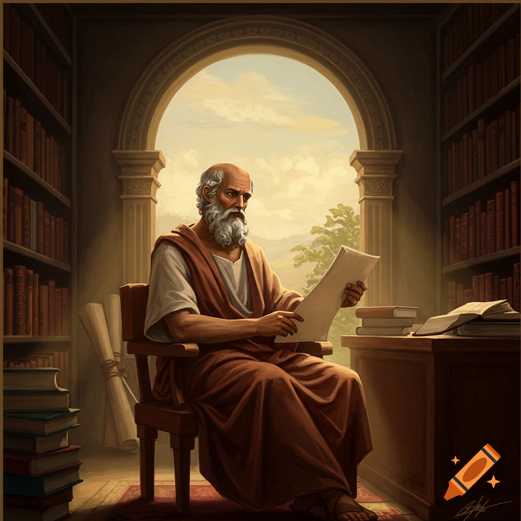 An elderly philosopher with a beard is reading a scroll in a library.