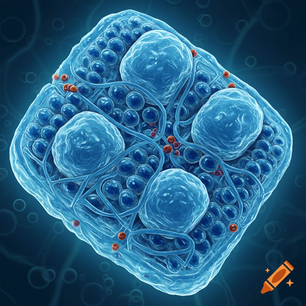 A blue cellular structure resembling chloroplast anatomy with spheres and fibrous elements.