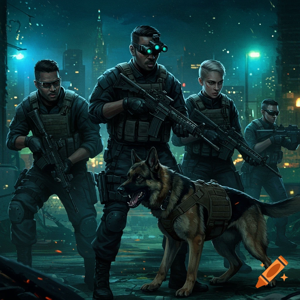 A special forces dog unit is in a dark, futuristic city.