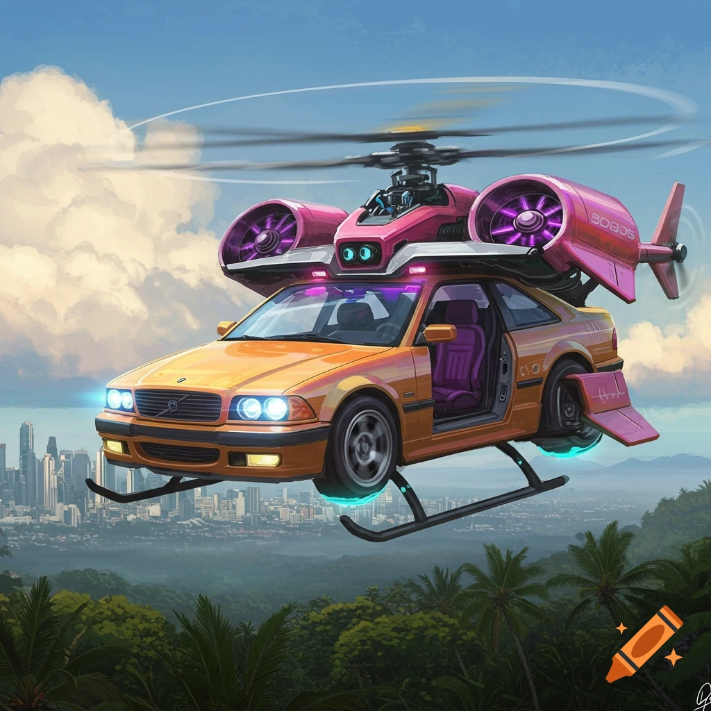 An orange car converted into a pink helicopter flying over a city.