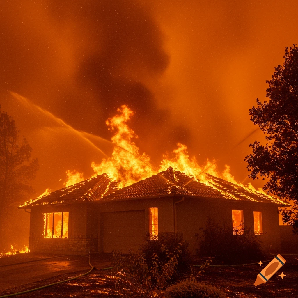 House on fire during a wildfire with smoke-filled sky and water streams fighting the flames.