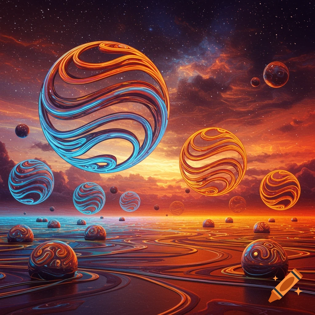 Abstract glowing spheres with swirling lines float over a dark, swirling surface under a starry sky at sunset.