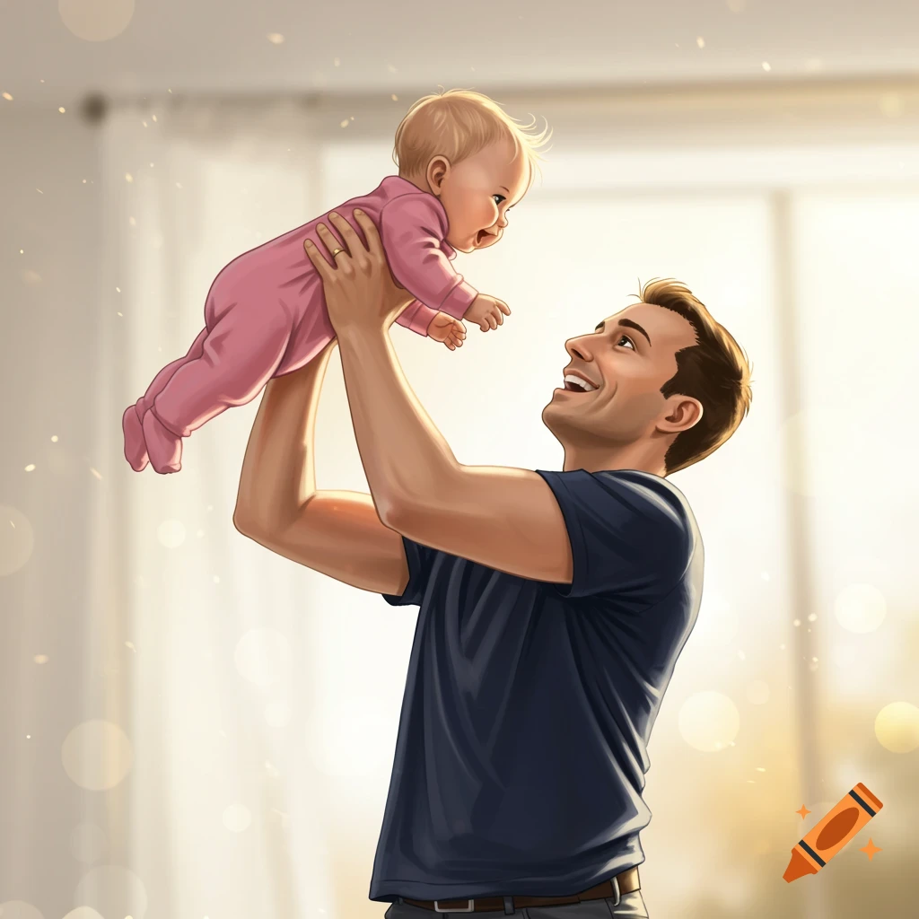 A father lifts a baby girl in a pink onesie high in the air.