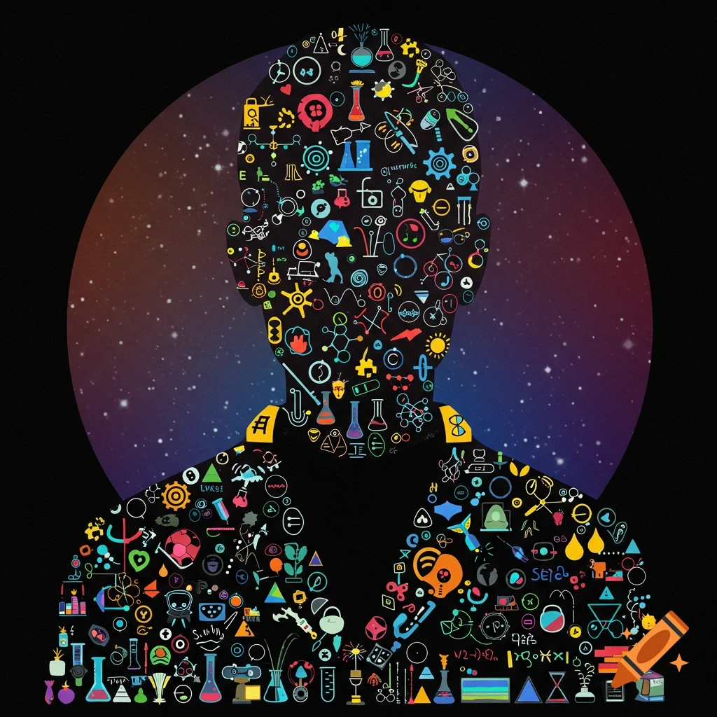 Silhouette of a person filled with colorful science icons against a starry space background.