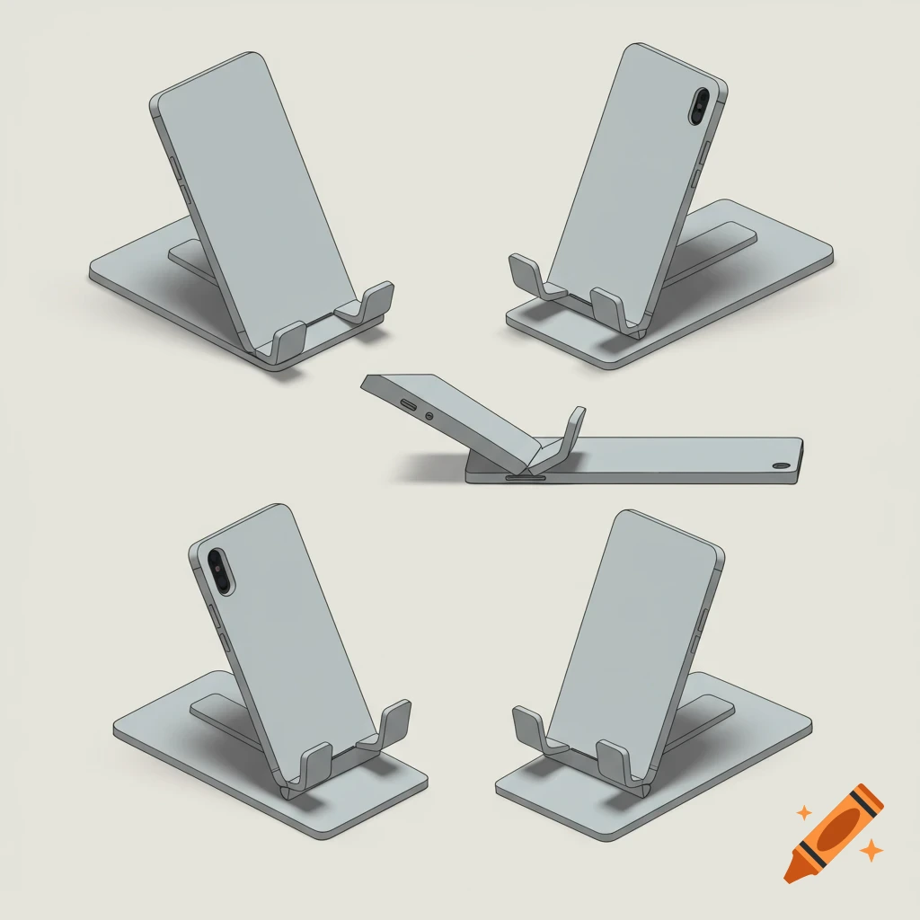 Multiple isometric and side views of a grey phone stand.