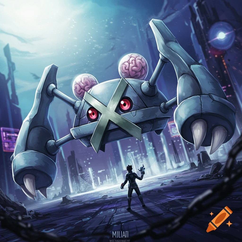 Metagross towering over a trainer in a futuristic ruined city.