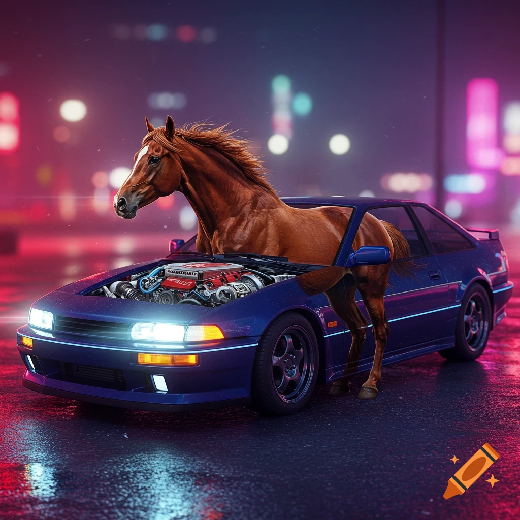 A horse stands in the engine bay of a blue car at night in a city street.